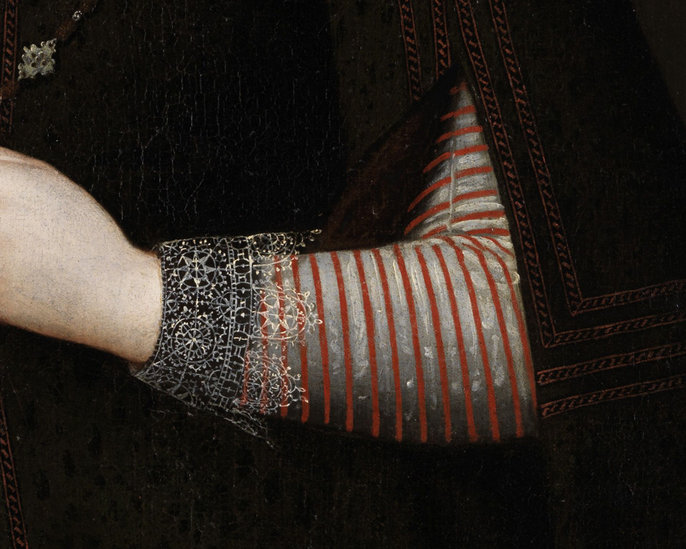 Scipione Pulzone (1544-1598), Portrait Einer Dame. Détail. Manche à rayures et dentelle.